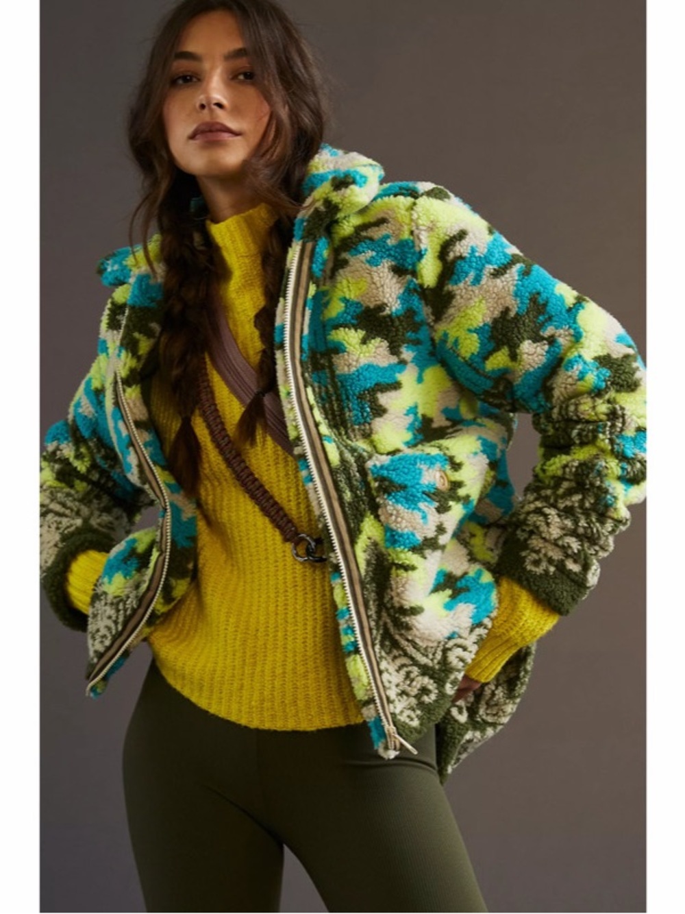 Anthropologie Pilcro‎ Camo Sherpa Jacket Blue Green Yellow Women's Size XS